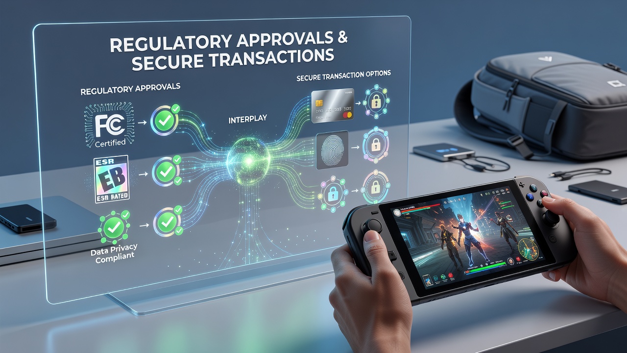Diagram van beveiligde transactieprocessen in mobiele gaming met regelgevende checkpoints